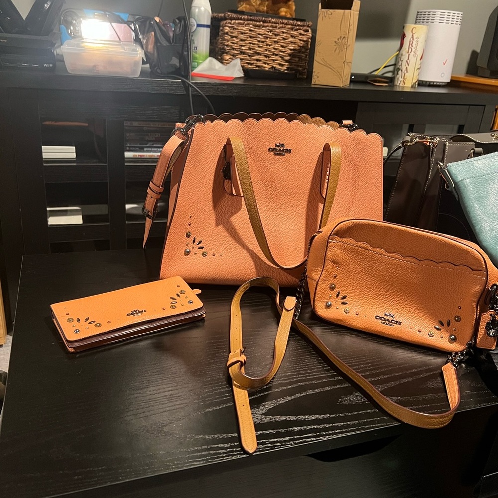 Coach 1941 Peach Charlie Rivet, Matching Snap Close Wallet, and Shoulder Bag!